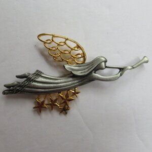Pewter Christmas Angel Pin Brooch with Gold Tone Wings Vintage